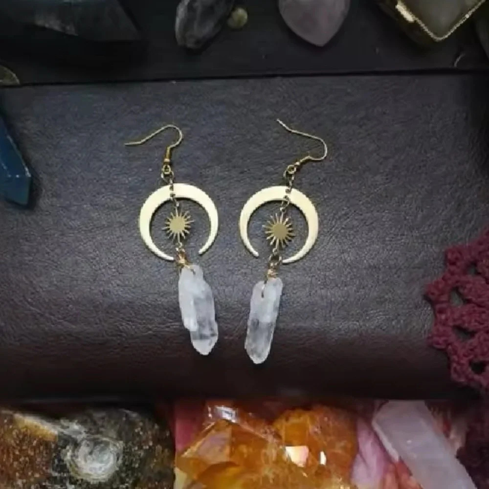 Sun Crescent Gold Natural Stone Witchy Earrings - Picture 3 of 4